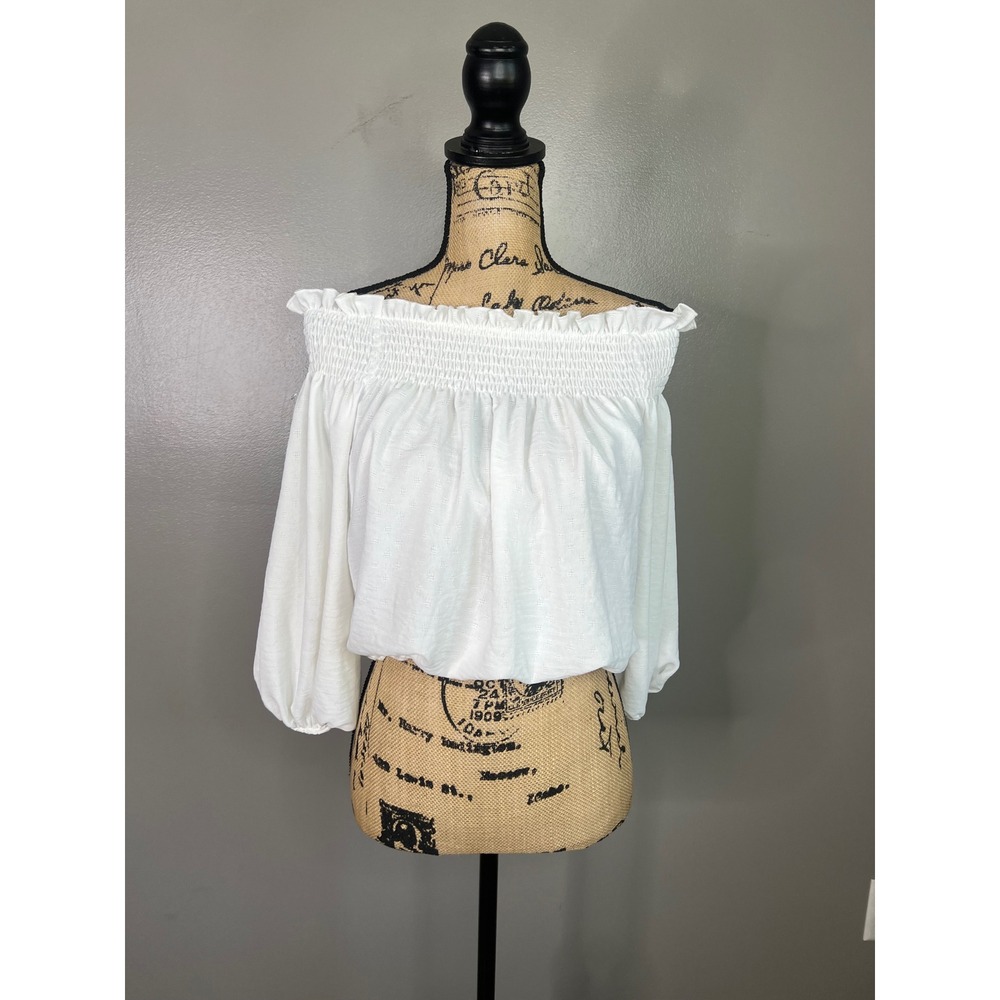 Wild Moss White Off The Shoulder Smocked Ruffle Crop Top Balloon Sleeve Medium